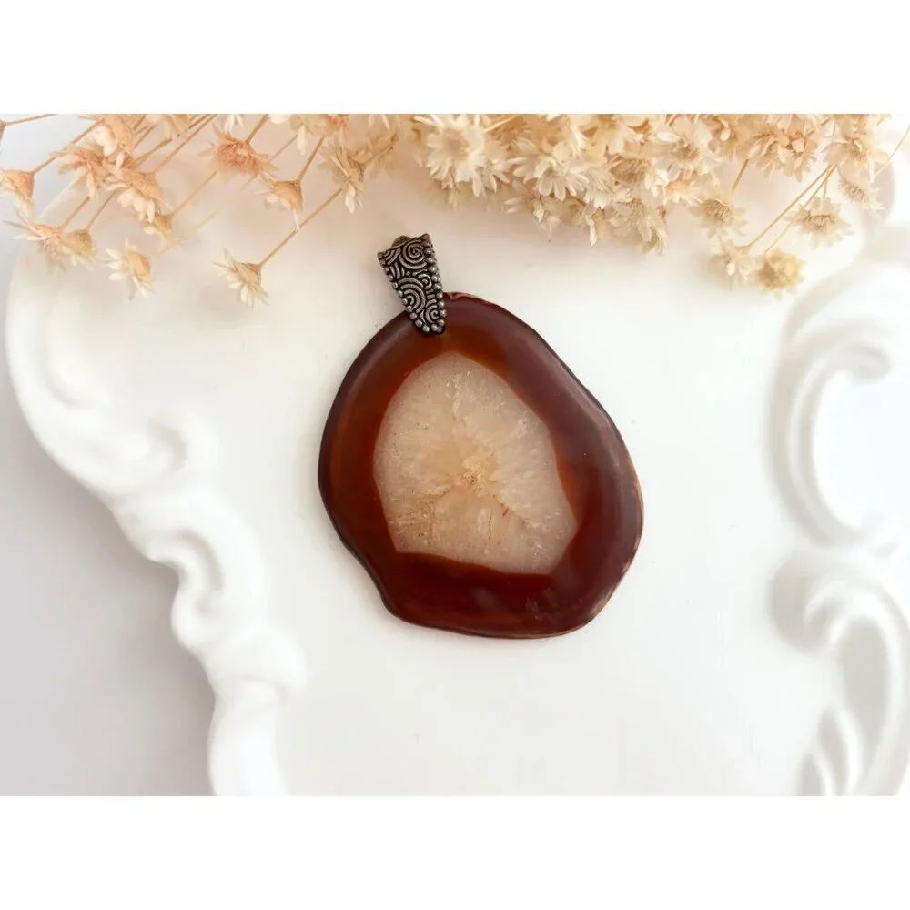 Polished Brown Crystal Free-Form Shaped Large Silver Toned Vintage Pendant